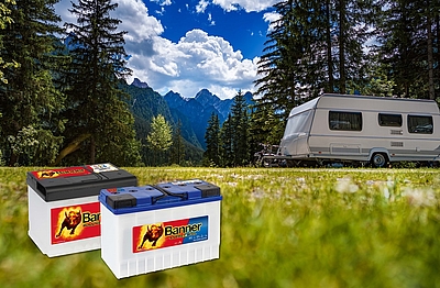 Banner Batterien im Vordergrund, im Hintergrund steht ein Camper