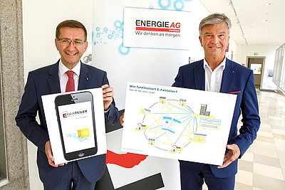 Bei der Präsentation der E-Fairteiler App (vl): Energielandesrat Markus Achleitner (Vorsitzender des Aufsichtsrates der Energie AG) und Generaldirektor Werner Steinecker (Vorsitzender des Vorstandes der Energie AG) 